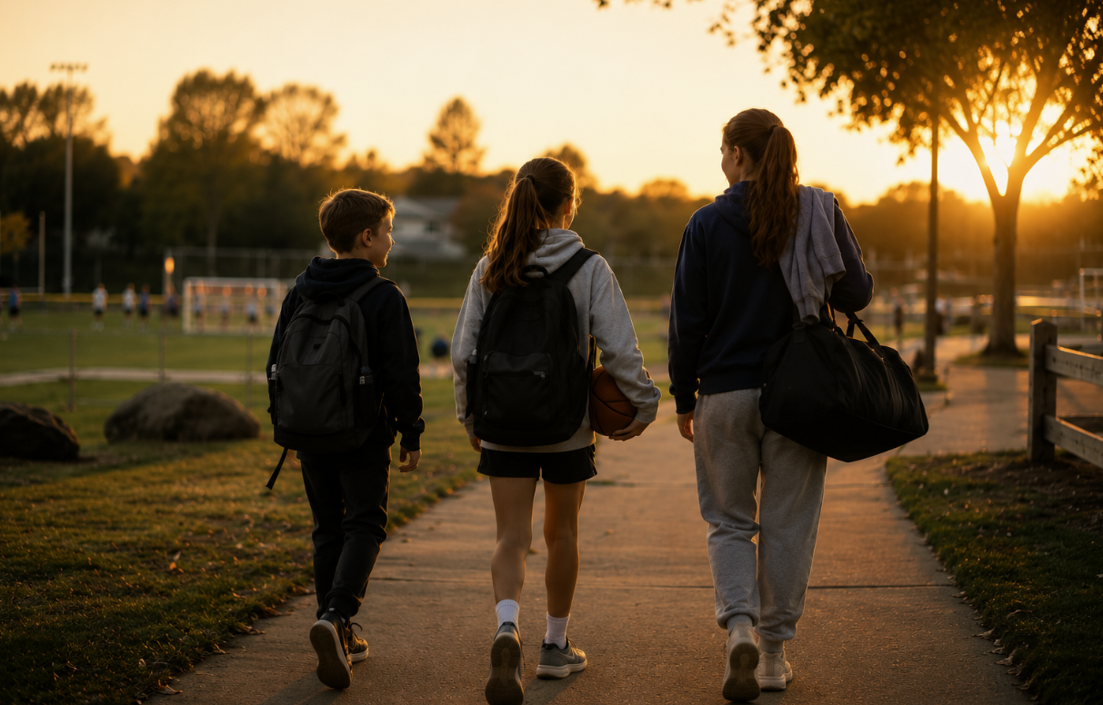 Three children walking along a path at sunset with backpacks and bags.