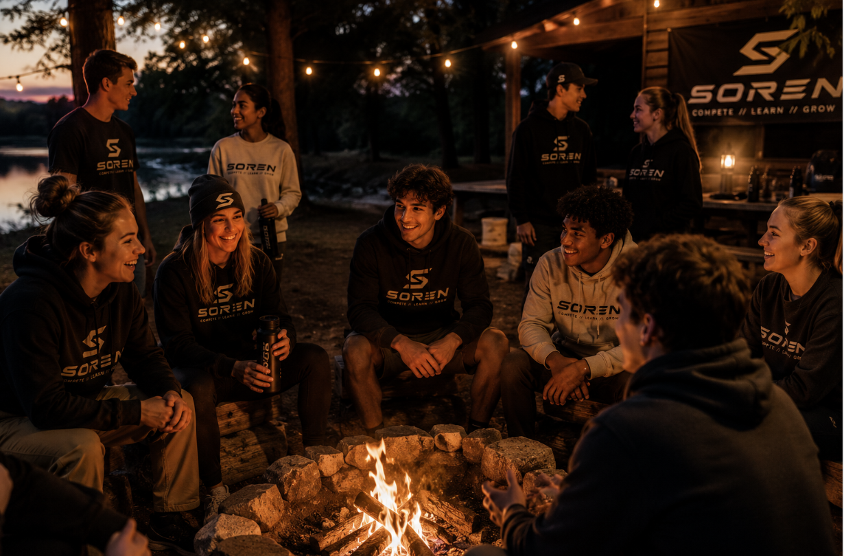 Group of people wearing Soren clothing around a campfire at dusk.